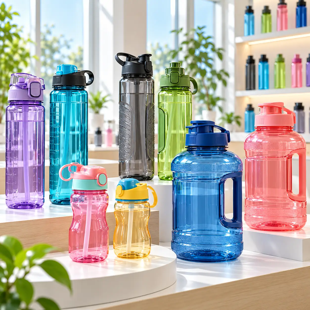 Variedad de botellas de plástico reutilizables con asas y tapas