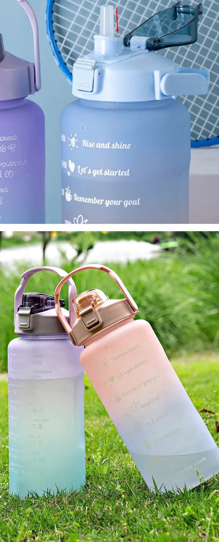 2000ml Gradient Large Capacity Water Bottle with Carry Handle — Drinking lid, straw and color variants