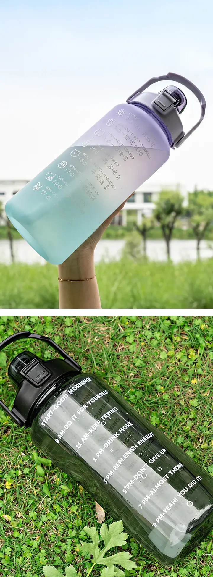 2000ml Gradient Large Capacity Water Bottle with Carry Handle — Lifestyle & carrying views