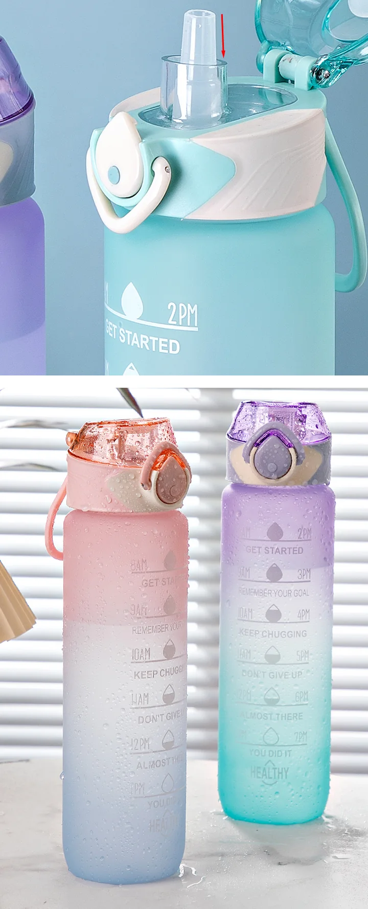 1000ml Gradient Sports Water Bottle with Time Markers — Drinking lid, straw and color variants