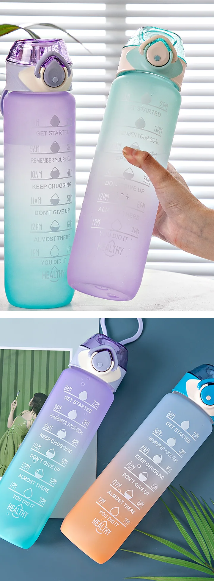 1000ml Gradient Sports Water Bottle with Time Markers — Lifestyle & carrying views