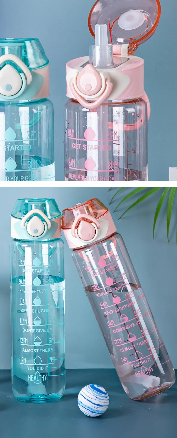 1000ml Clear Sports Water Bottle with Time Markers — Drinking lid, straw and color variants