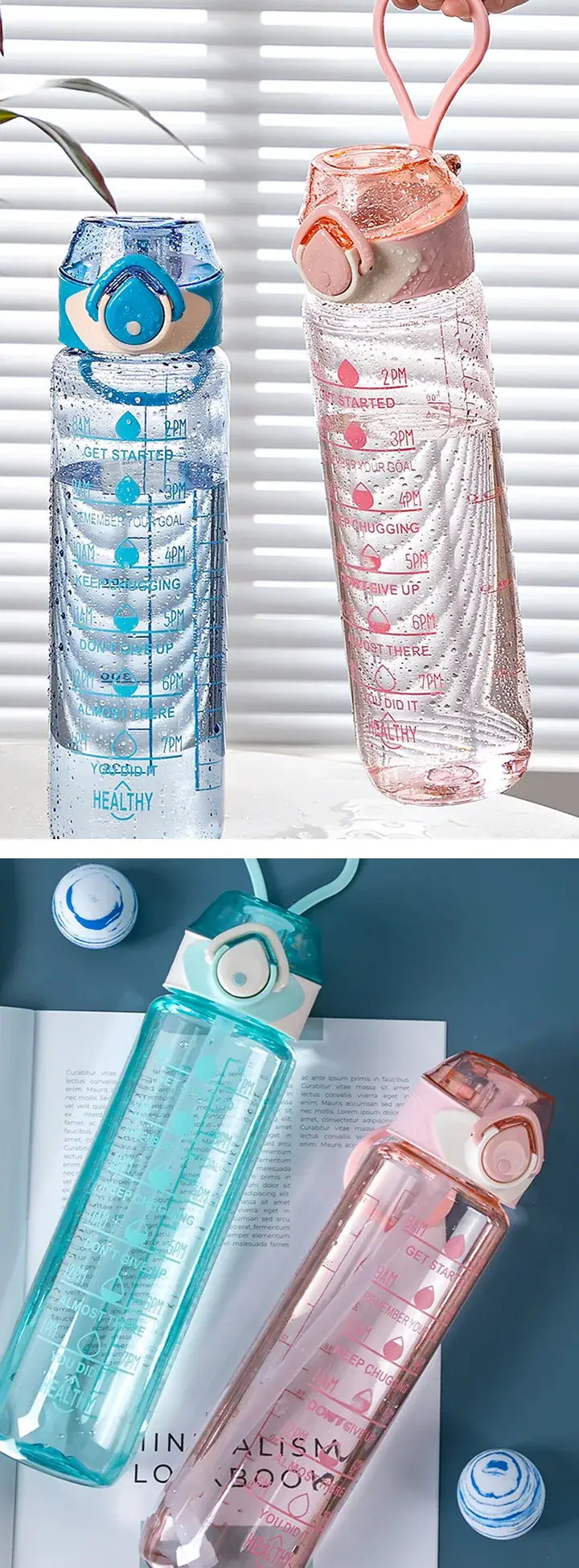 1000ml Clear Sports Water Bottle with Time Markers — Lifestyle & carrying views