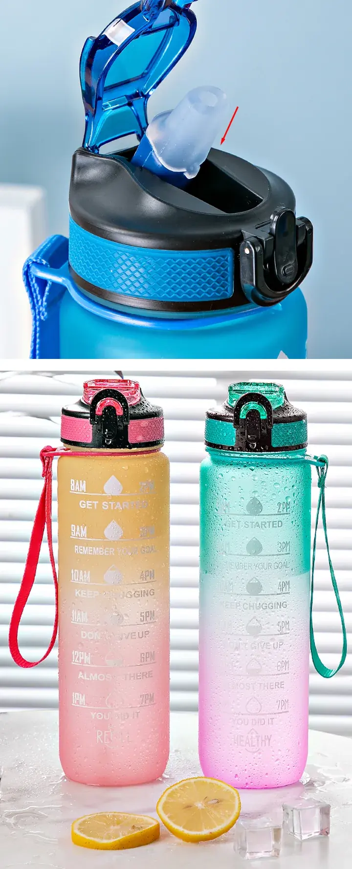 1000ml Flip-Top Sports Water Bottle with Time Markers — Drinking lid, straw and color variants