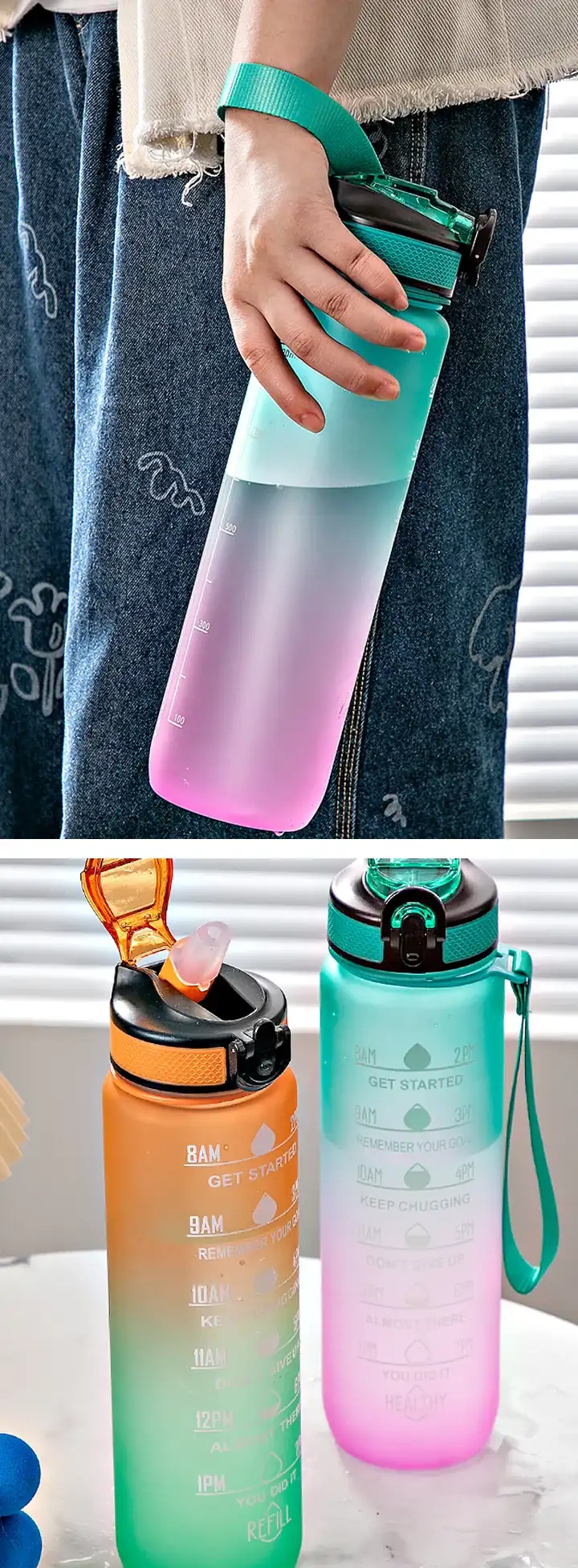 1000ml Flip-Top Sports Water Bottle with Time Markers — Lifestyle & carrying views