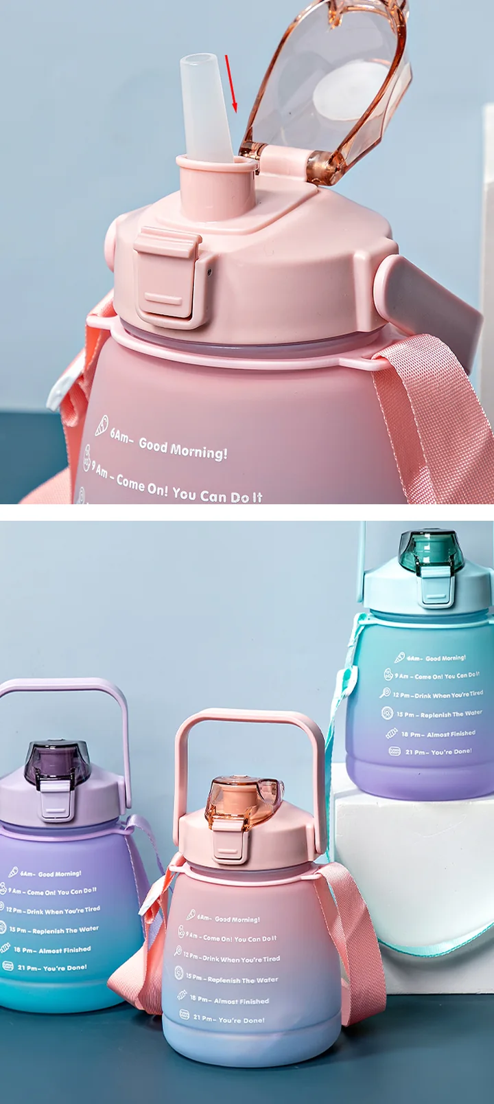 1300ml Gradient Compact Water Jug with Carry Strap — Drinking lid, straw and color variants