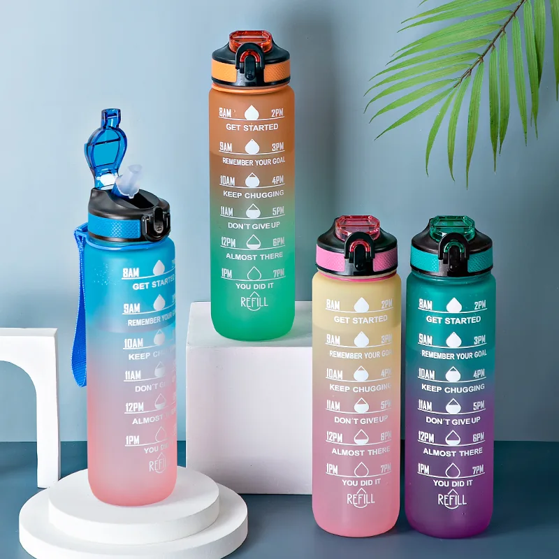 Botella deportiva de 1000 ml con tapa abatible y marcadores horarios — LO-007